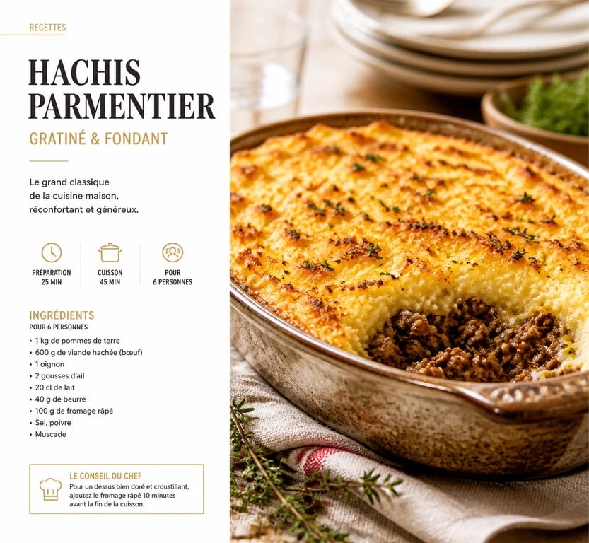 Hachis parmentier familial pour 10 personnes dans un grand plat à gratin