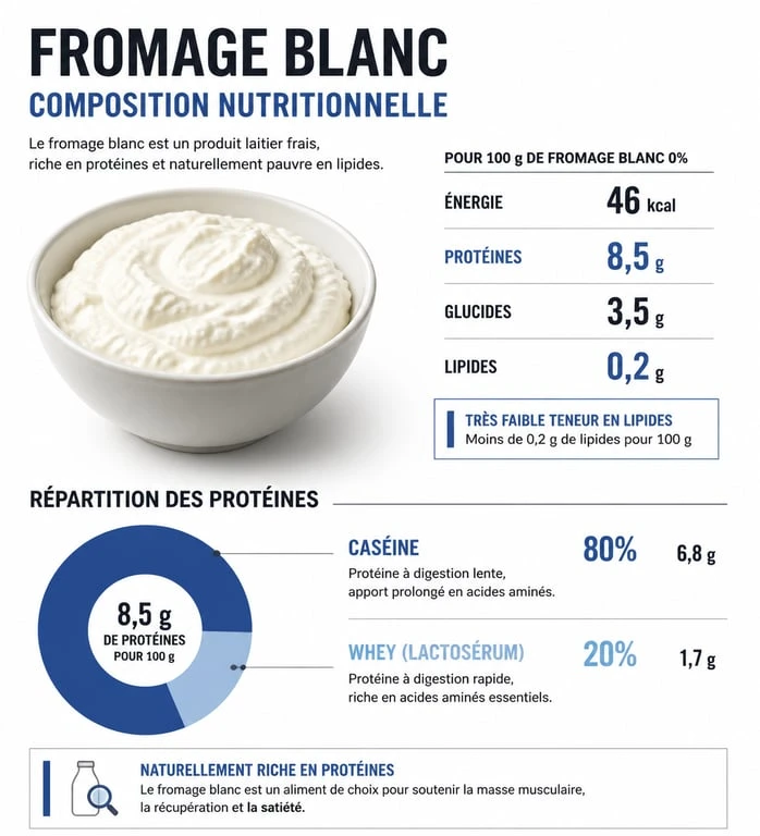 Infographie sur la composition nutritionnelle du fromage blanc et ses bienfaits pour le régime au fromage blanc