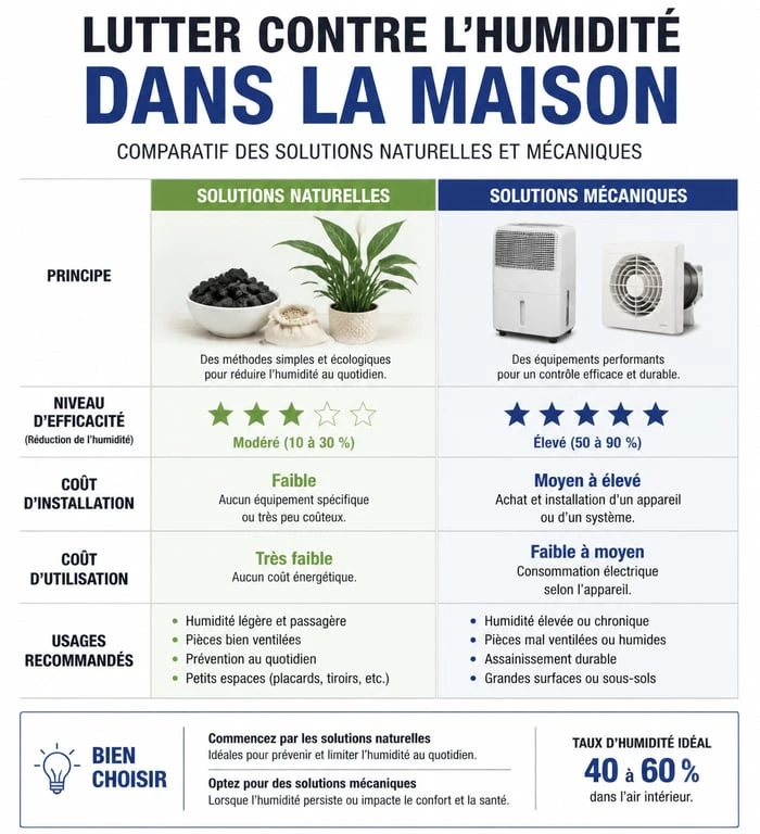 Infographie comparative des méthodes pour déshumidifier une pièce et prévenir l'humidité