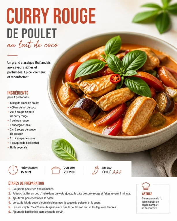 Curry rouge de poulet au lait de coco, recette avec pâte de curry