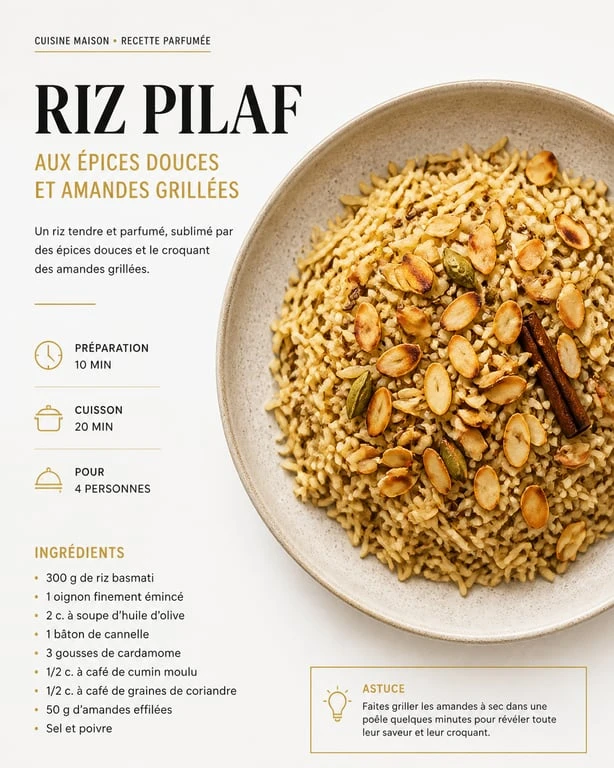 Riz pilaf aux épices douces et amandes grillées en accompagnement