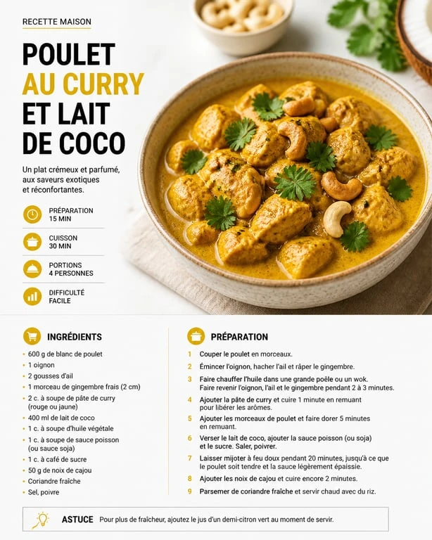 Poulet au curry et lait de coco, plat à base de poulet savoureux et rapide