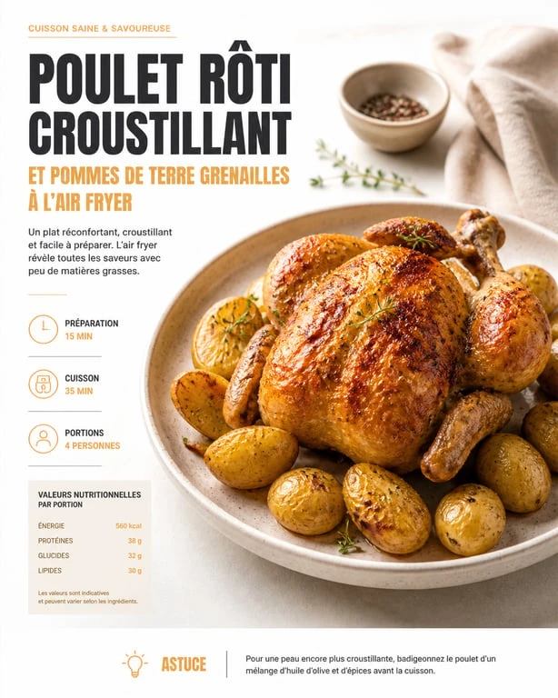 Poulet croustillant et pommes de terre grenailles cuits à l'air fryer, recette facile
