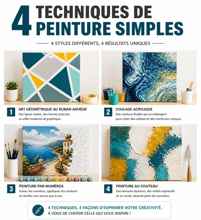Exemples de tableaux faciles à faire : géométrie au ruban, pouring, peinture par numéros et abstrait à la spatule