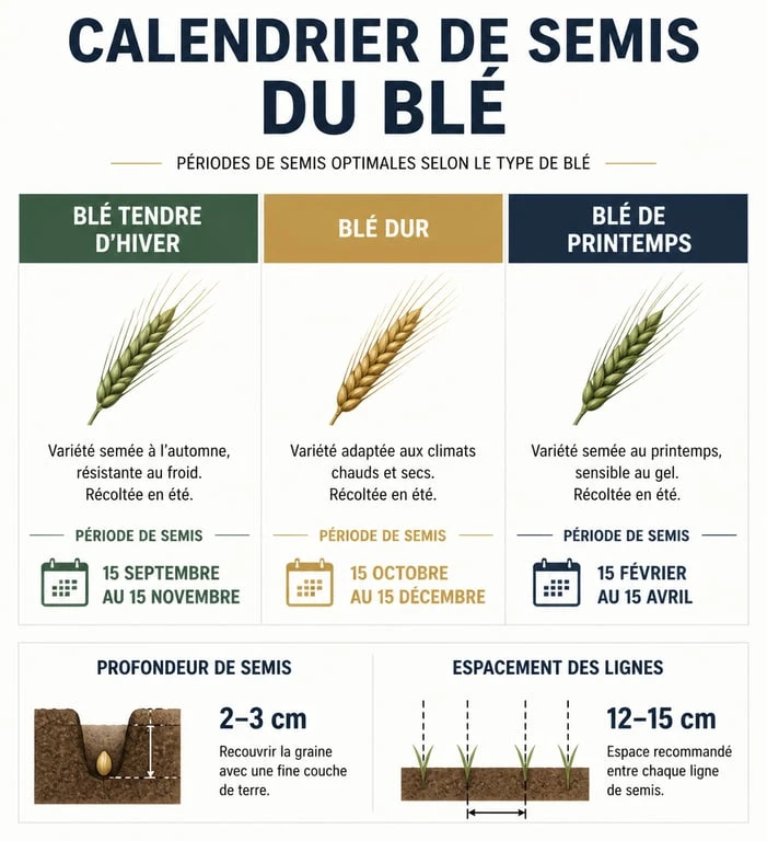 Infographie récapitulative des périodes et techniques pour semer le blé tendre, dur et de printemps