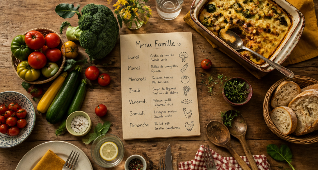 menu famille semaine table familiale bois légumes