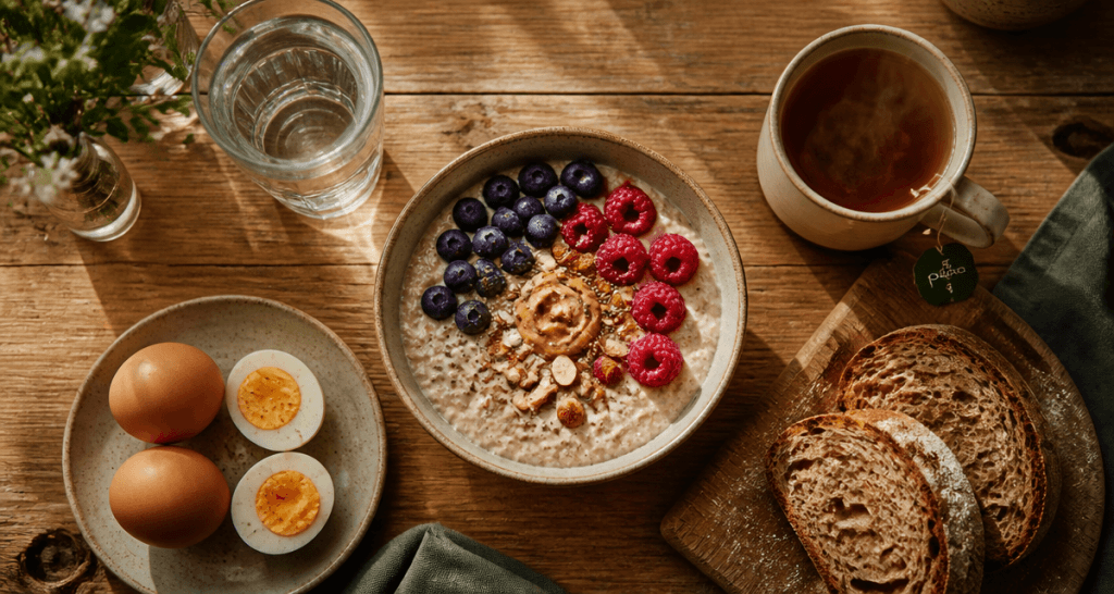 petit dej équilibré recette porridge chia fruits œufs pain levain