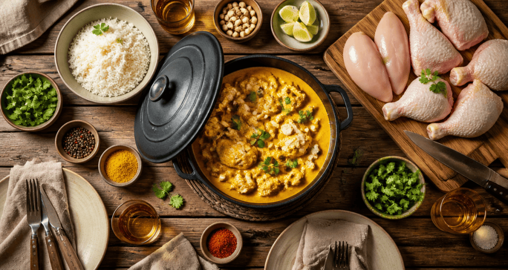 plat a base de poulet en cocotte avec sauce onctueuse