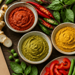 recette avec pate de curry, bols de curry thaï et ingrédients