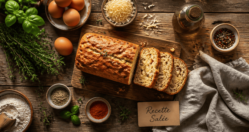 recette salé cake moelleux sur table rustique
