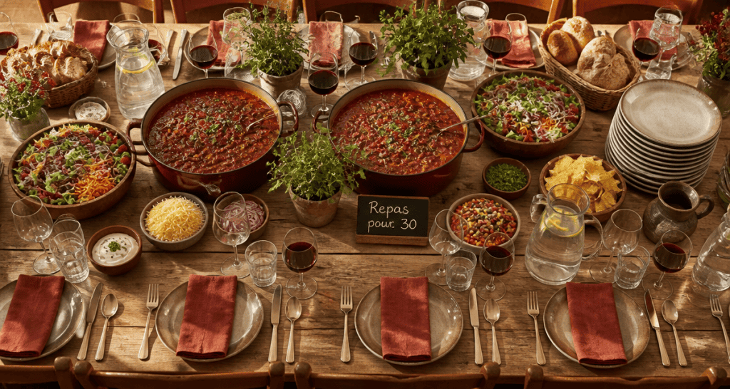 Repas pour 30 personnes grande table dressée