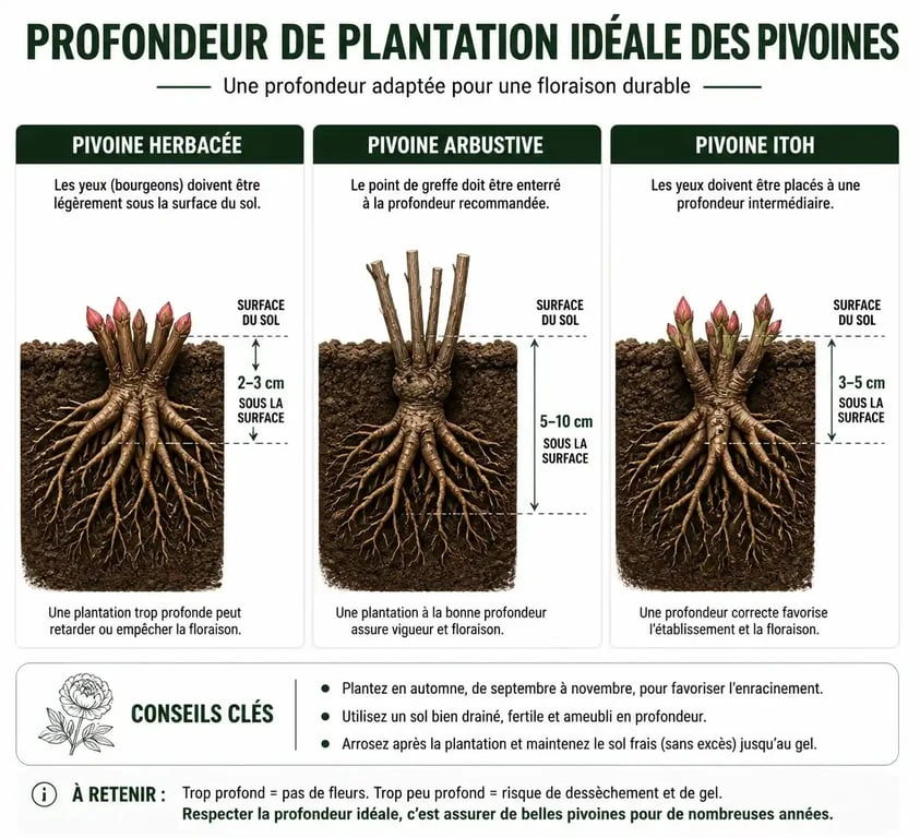Schéma de profondeur de plantation pour pivoines herbacées, arbustives et Itoh pour réussir quand planter pivoine