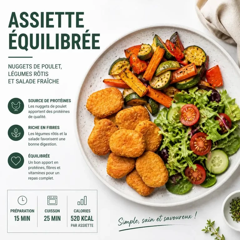 Assiette équilibrée avec nuggets de poulet et accompagnement de légumes rôtis