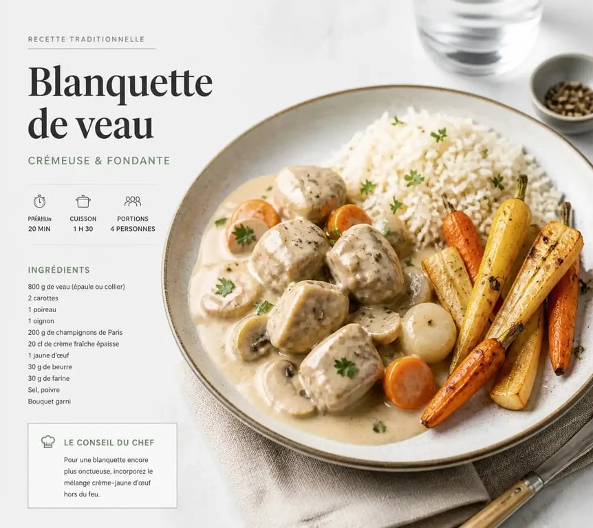 Blanquette de veau et son accompagnement de riz et légumes racines