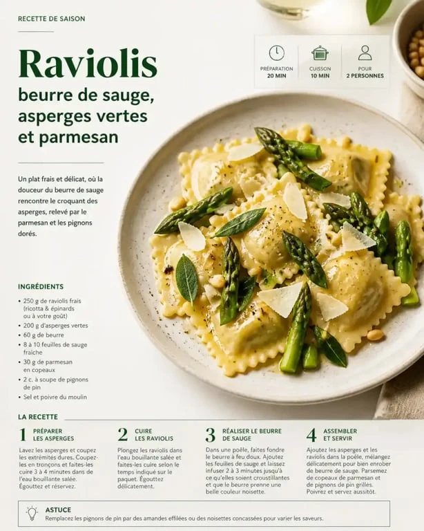 Raviolis au beurre de sauge et asperges croquantes, une idée d'accompagnement ravioli gourmande et équilibrée.