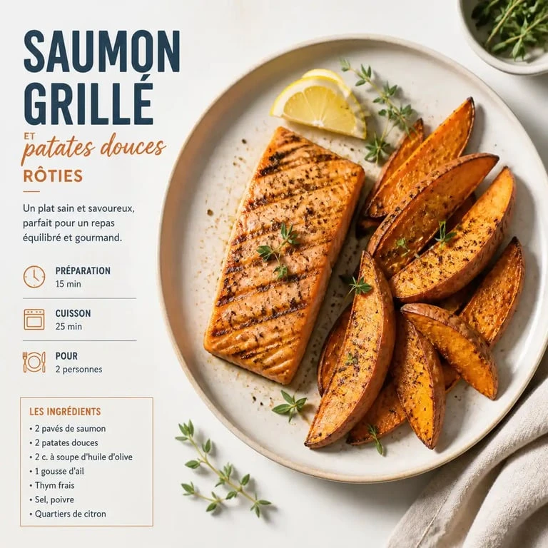 Accompagnement patate douce avec saumon grillé et herbes fraîches dans une assiette