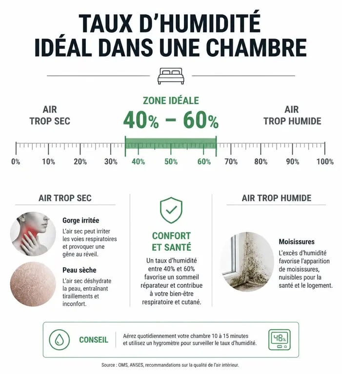 Infographie sur le taux d'humidité idéal pour humidifier une chambre et les effets sur la santé
