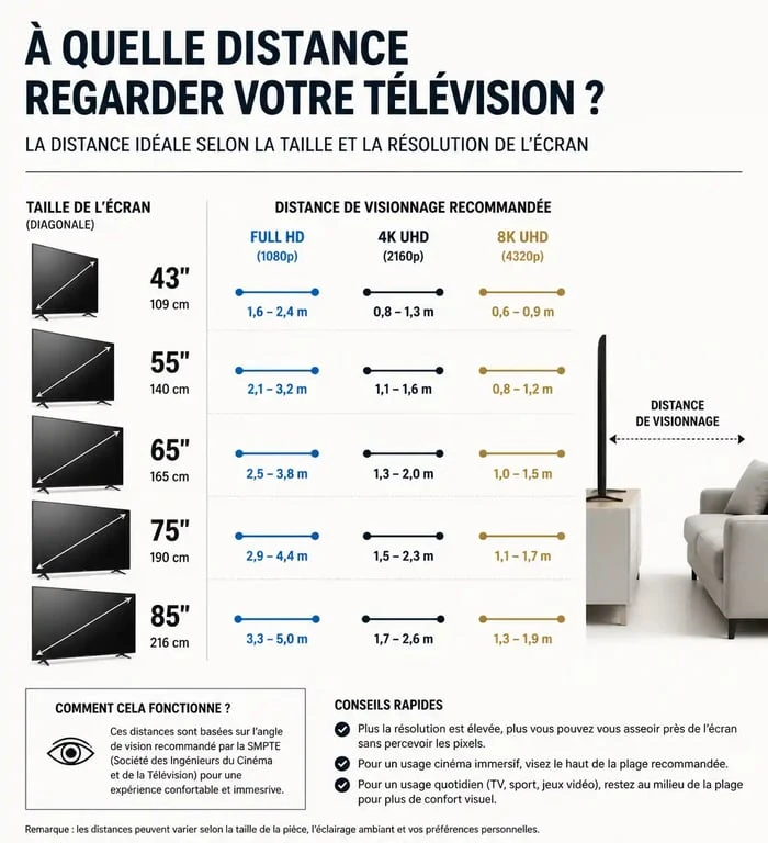 Infographie montrant la distance idéale entre tv et canapé selon la taille de l'écran