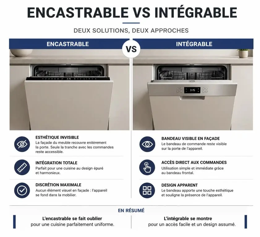 Comparatif visuel entre électroménager encastrable et intégrable pour cuisine équipée