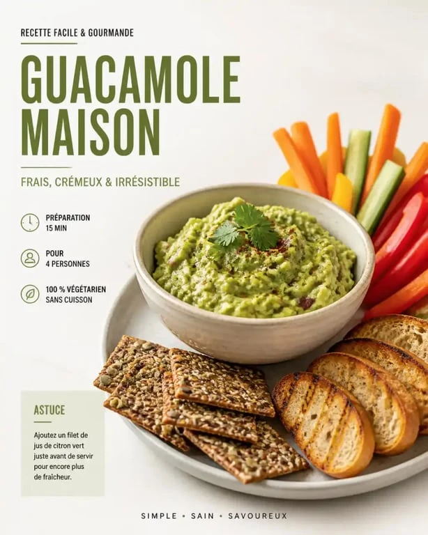 Idées d'accompagnements pour savoir avec quoi manger le guacamole : légumes frais, crackers et toasts.