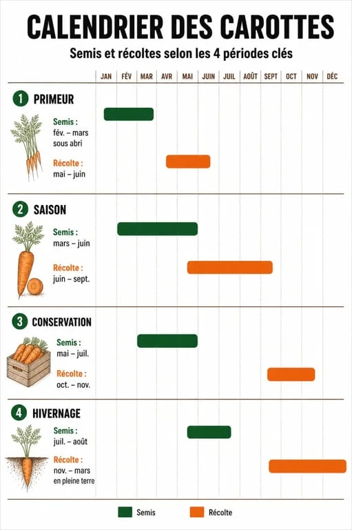 Calendrier de semis et récolte des carottes : guide pratique pour savoir quand semer les carottes selon la variété.