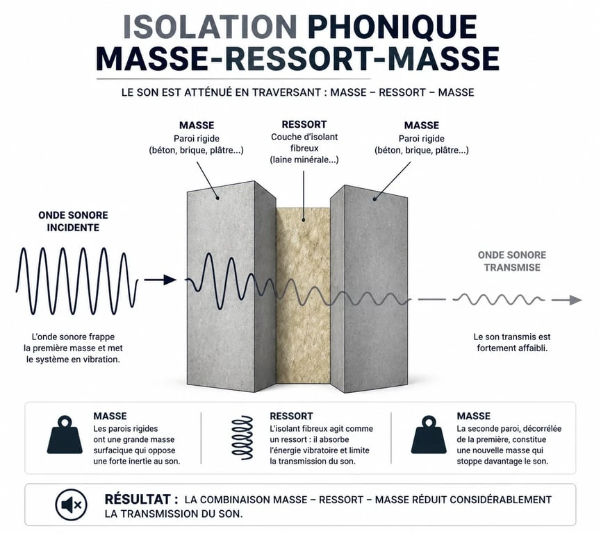 Principe physique de l'isolation phonique masse-ressort-masse pour isoler phoniquement une pièce