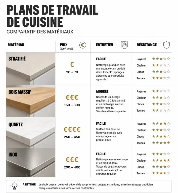 Tableau comparatif des matériaux pour plan de travail 80 cm de profondeur : stratifié, bois massif, quartz et inox.