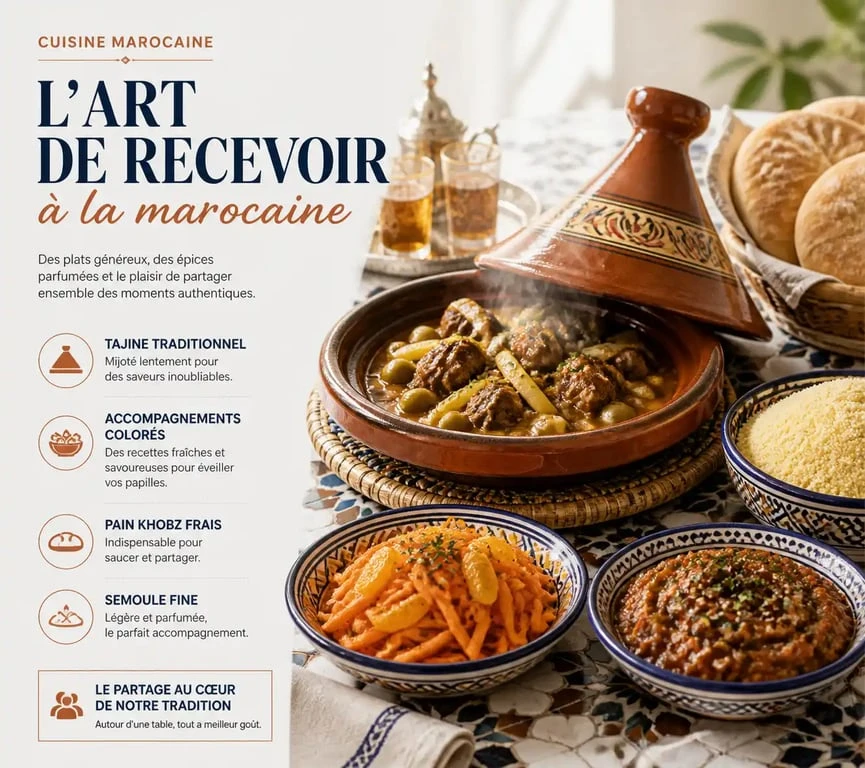 Table marocaine avec un tajine et ses différents accompagnements pour tajine