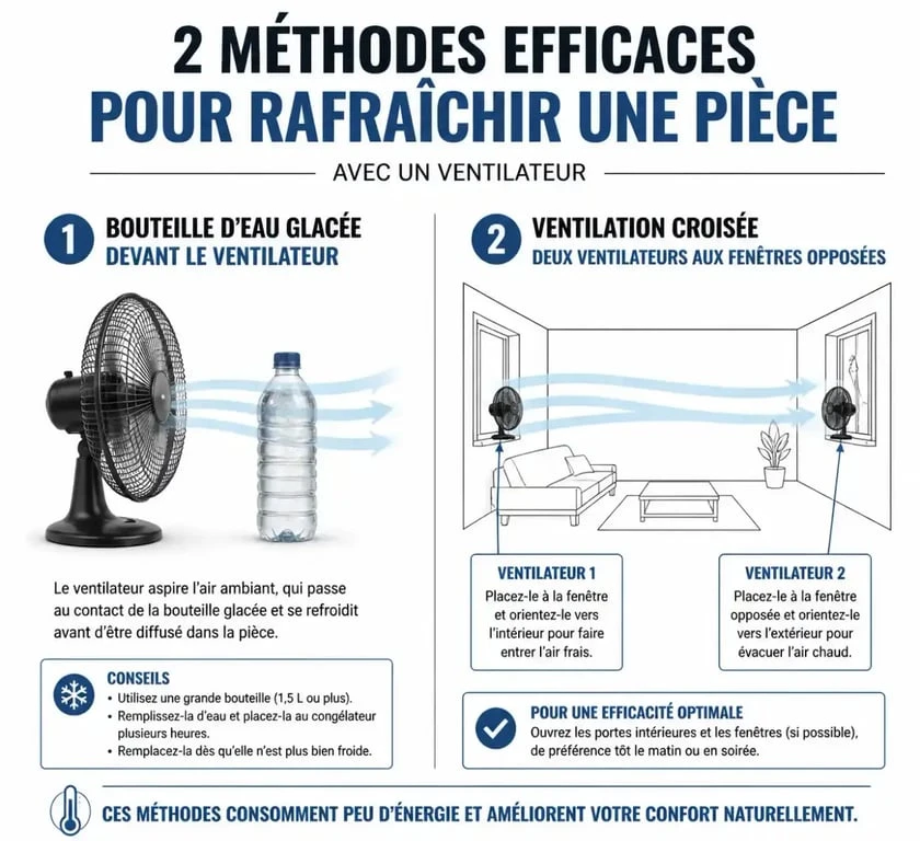 Infographie montrant comment rafraîchir une pièce avec un ventilateur et des astuces de refroidissement