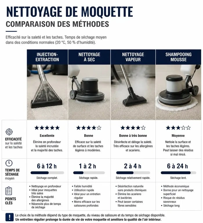 Infographie comparative des méthodes pour nettoyer une moquette efficacement