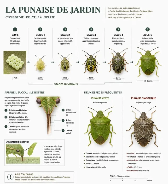 Infographie illustrant le cycle de vie et l'identification des différentes espèces de punaises de jardin