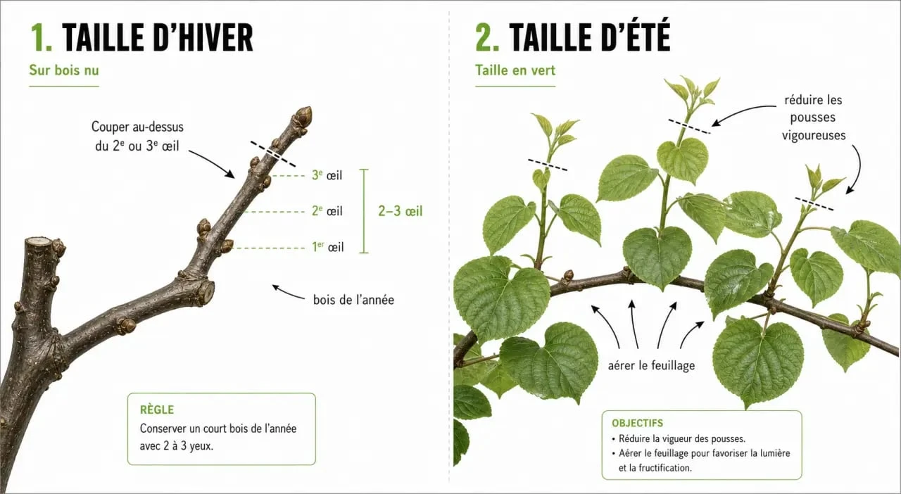 Schéma explicatif des étapes de taille du kiwi en hiver et en été pour optimiser la production de fruits