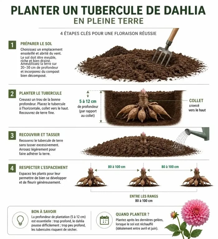 Infographie sur la plantation des dahlias en pleine terre : profondeur et espacement