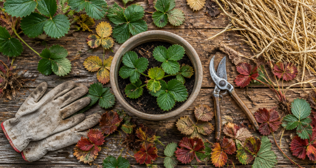faut il couper les feuilles des fraisiers avant l'hiver sécateur feuilles coupées