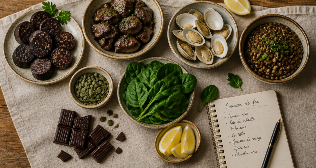 liste d aliments riche en fer sur table