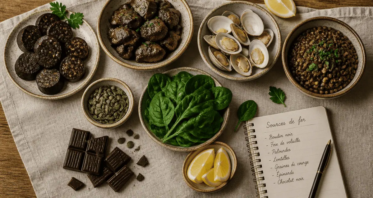 liste d aliments riche en fer sur table
