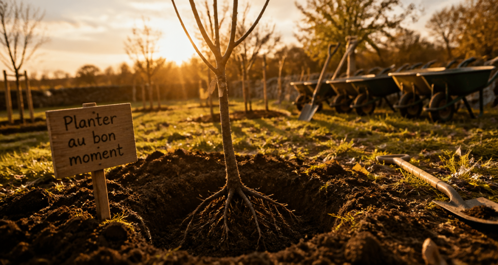 Quand planter un arbre fruitier, jeune arbre en plantation