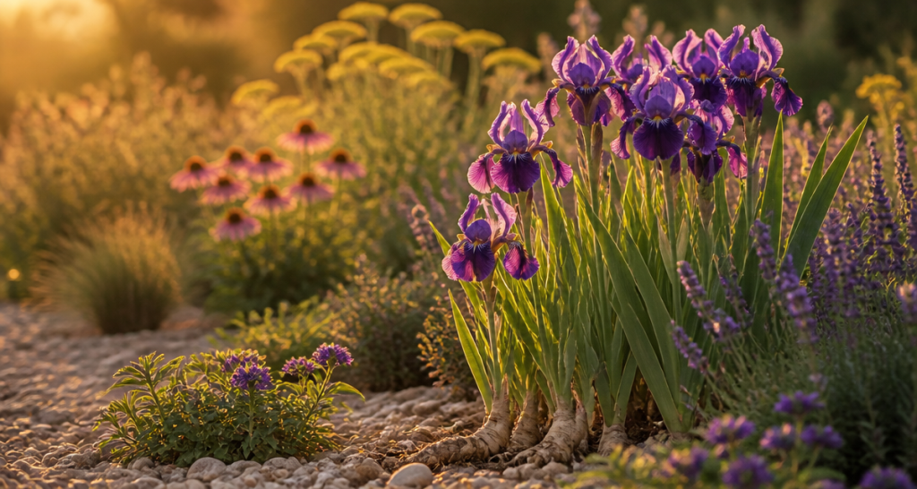 Que mettre au pied des iris massif avec plantes compagnes