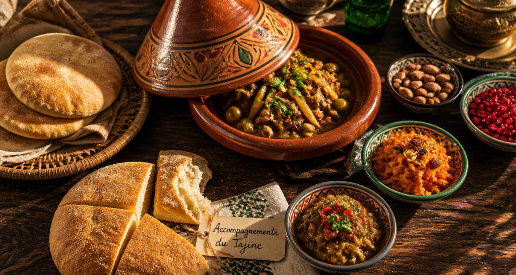 accompagnement tajine sur table marocaine avec pains et salades