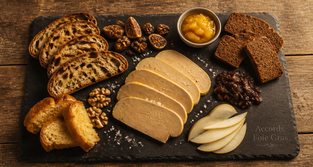 avec quoi servir le foie gras, ardoise, pain, fruits, chutney