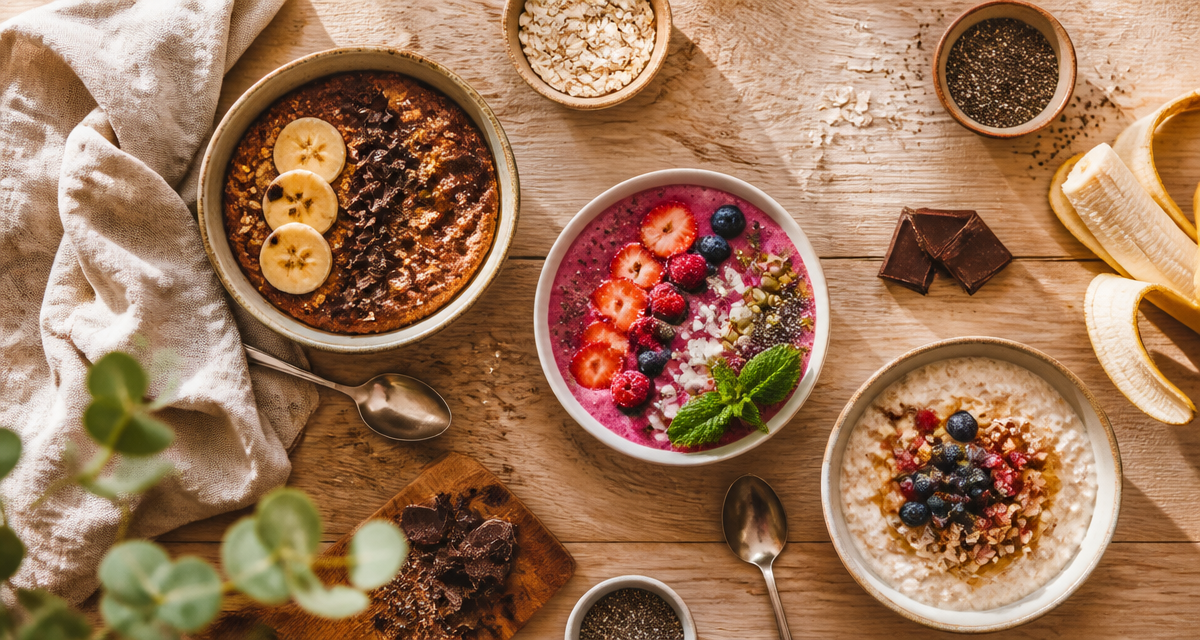 bowl petit dej variés sur table en bois
