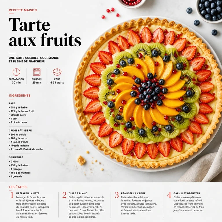Tarte aux fruits sucrée réalisée avec une pâte brisée maison dorée et croustillante