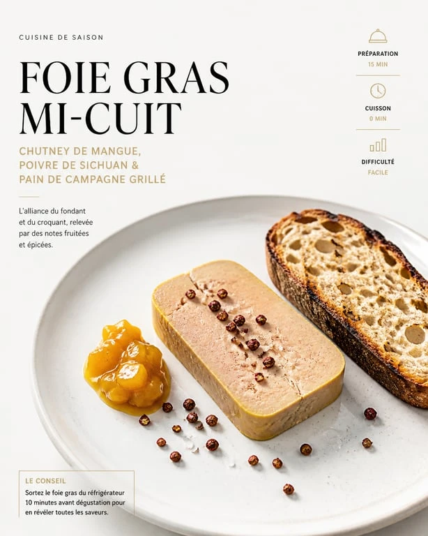 Assiette de foie gras mi-cuit avec chutney de mangue et pain de campagne grillé