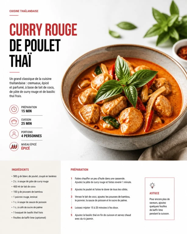 Curry rouge de poulet thaï avec basilic et bambou, recette avec pâte de curry