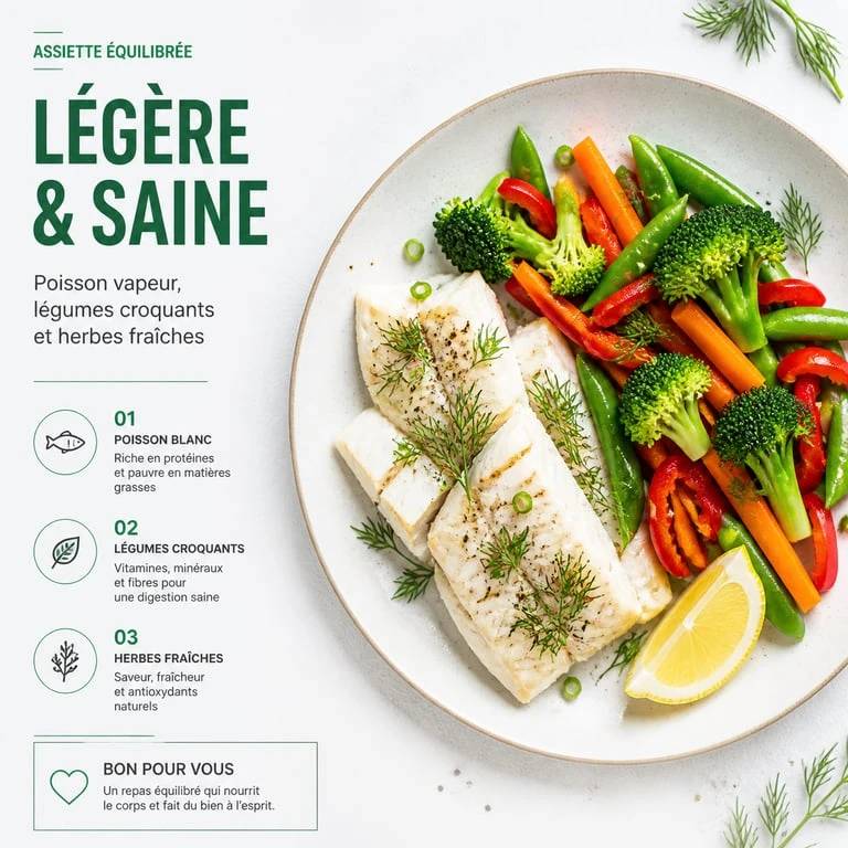 Menu semaine sans graisse : assiette de poisson vapeur et légumes frais