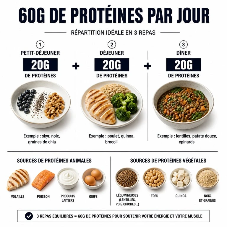 Infographie répartition 60g protéines par jour