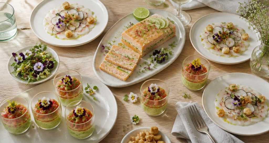 Assortiment d'entrees froides raffinées sur table
