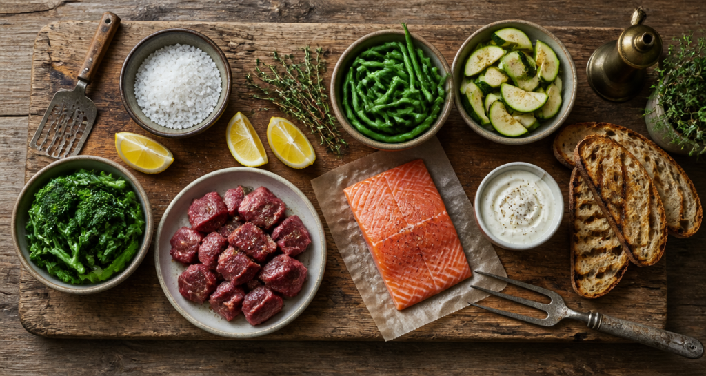 Ingrédients recette salé sur planche bois