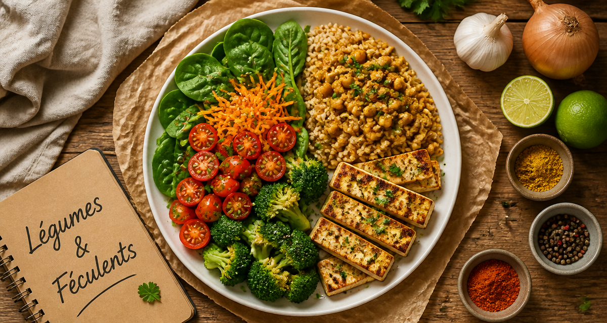liste des legumes et feculents assiette equilibree vue plongee