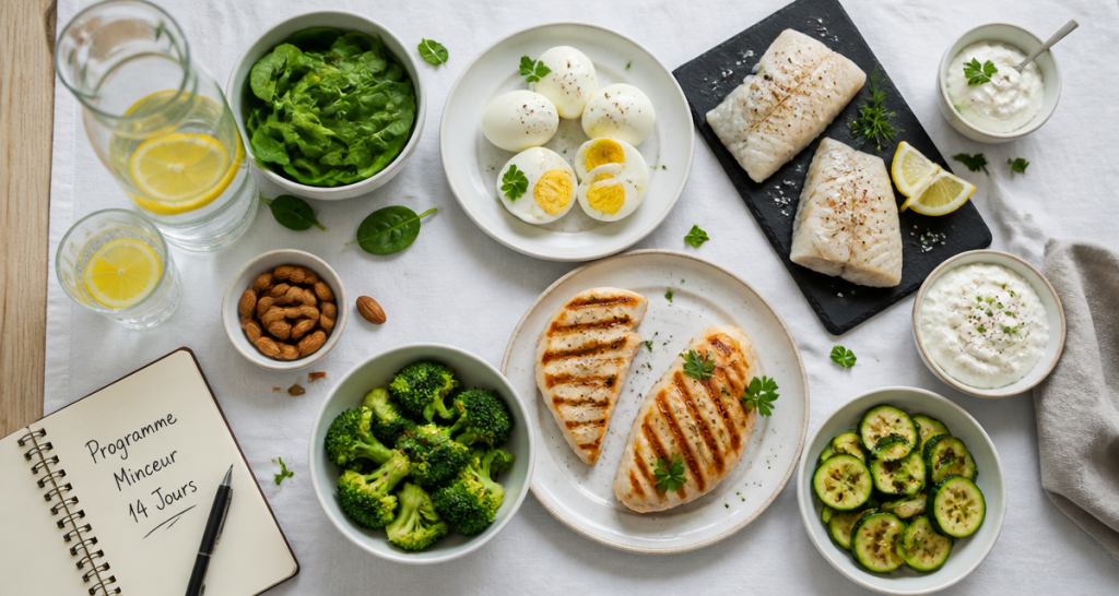 menu regime proteine 2 semaines aliments sur table